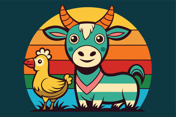 Poster - Colorful vector illustration of a cow character sporting a t-shirt with a flower design, surrounded by whimsical elements and vibrant background