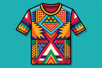 Aufkleber - Colorful vector graphic design of a patterned t-shirt featuring bold shapes and vibrant colors suitable for casual wear or summer activities