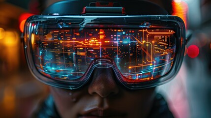 Poster - A close-up of a person wearing futuristic augmented reality glasses displaying digital data.