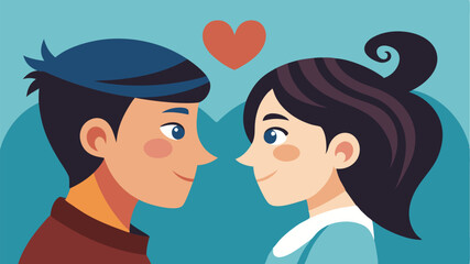 Poster - Couple gazing lovingly at each other with hearts in background symbolizes romance and affection in a playful vector design