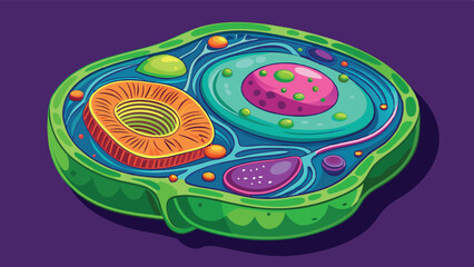 Poster - Colorful vector illustration of a cell showcasing organelles, structures, and vibrant colors depicting biological functions and processes