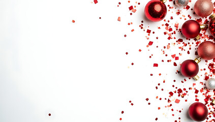Aufkleber - Christmas decorations featuring confetti on a white background provide a playful flat lay design concept for photography._00003_