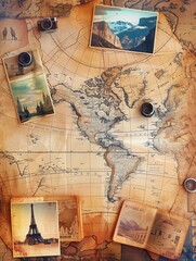 Leinwandbilder - Travel photos displayed on a vintage world map, showcasing global destinations and adventures. Generative AI