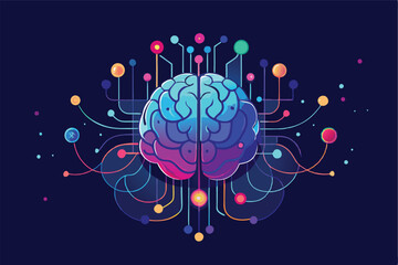 Poster - Exploring the link between technology and human cognition through a vibrant vector illustration of a brain connected to colorful digital nodes