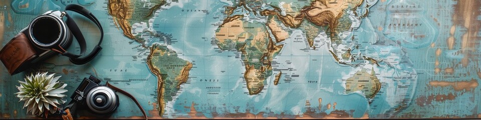 Poster - Travel adventures displayed on a world map backdrop with camera and travel gear. Generative AI