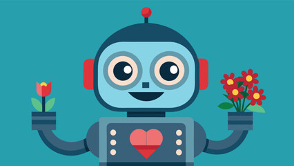 Poster - Friendly robot holding a bouquet of colorful flowers in a cheerful digital landscape