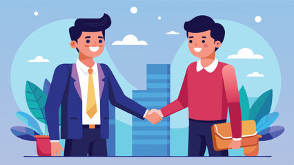 Leinwandbilder - Two professionals shaking hands in an urban setting during a sunny day, representing partnership and collaboration in the workplace