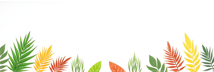 Poster - Bright tropical leaves against a plain white background evoke feelings of nature and carefree summer days in vibrant colors._00003_