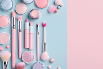 Poster - Makeup brushes, blush, and beauty tools arranged on pastel pink and blue background, flat lay composition for cosmetic design

