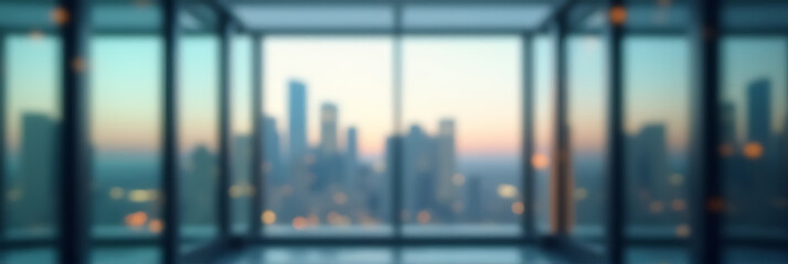 Poster - Blurred images show a glass wall reflecting a modern cityscape in the background through an abstract window design._00003_