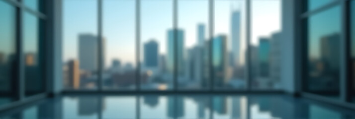 Poster - Blurred images show a glass wall reflecting a modern cityscape in the background through an abstract window design._00001_