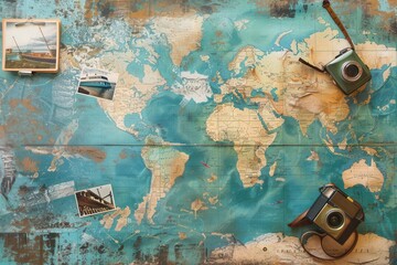 Poster - Travel memories displayed on a vintage world map with camera and postcards highlighting favorite destinations. Generative AI