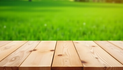 Poster - Beautiful pine wood texture features a table top or counter island in front of a lush green grass lawn background._00002_