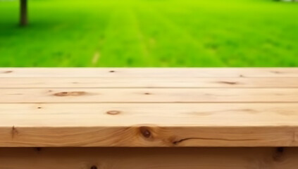 Poster - Beautiful pine wood texture features a table top or counter island in front of a lush green grass lawn background._00001_