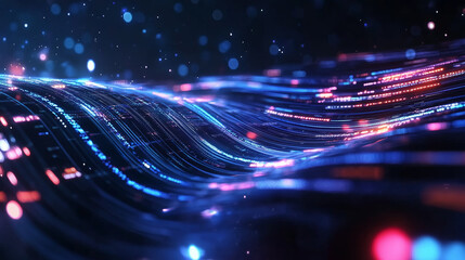 Poster - Abstract waves of light and color create a mesmerizing visual display in a digital landscape at night
