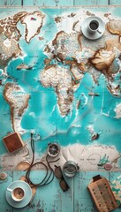Leinwandbilder - Travel memories displayed on a vibrant world map with decorative elements and ample copy space for sharing adventures. Generative AI