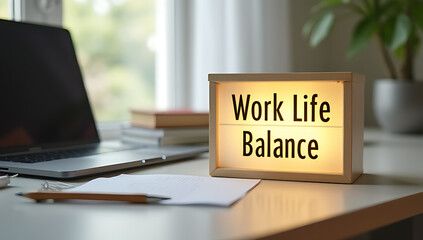 Aufkleber - A work life balance concept on a light box sits on a desk in a calm and organized home office._00002_