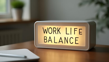 Aufkleber - A work life balance concept on a light box sits on a desk in a calm and organized home office._00001_