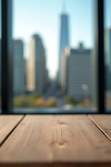 Poster - A wooden table top with a blurred cityscape in the background through a glass window is an interesting photograph subject._00003_