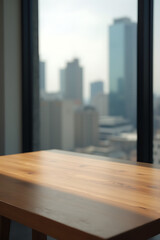 Poster - A wooden table top with a blurred cityscape in the background through a glass window is an interesting photograph subject._00002_