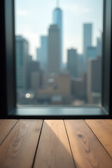 Poster - A wooden table top with a blurred cityscape in the background through a glass window is an interesting photograph subject._00001_