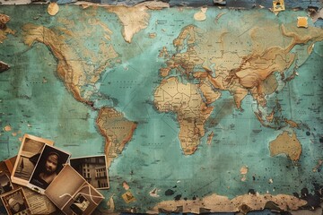 Leinwandbilder - Travel memories displayed on a world map backdrop with ample space for customization and creativity. Generative AI