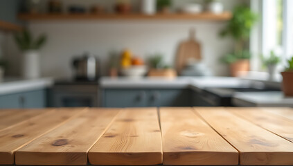 Aufkleber - A wooden table top sits in a blurred kitchen setting against a busy countertop background area._00002_
