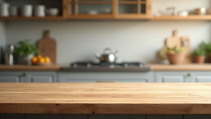 Aufkleber - A wooden table top sits in a blurred kitchen setting against a busy countertop background area._00003_