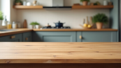 Aufkleber - A wooden table top sits in a blurred kitchen setting against a busy countertop background area._00001_
