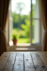 Aufkleber - A wooden table top is visible amidst a blurred curtain with a green garden view seen through an open window._00002_