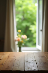 Aufkleber - A wooden table top is visible amidst a blurred curtain with a green garden view seen through an open window._00001_