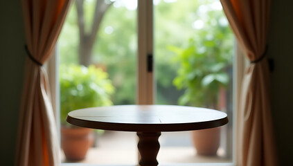 Aufkleber - A wooden table sits in a room with a blurred curtain and window view of lush greenery from the adjacent garden area._00002_