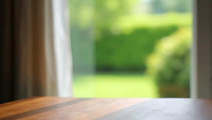 Aufkleber - A wooden table is partially blurred by a curtain, while a vibrant green garden scene is visible through the adjacent window._00001_