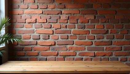Aufkleber - A wooden table features a brown brick wall backdrop suitable for displaying products or creating key visual designs._00002_