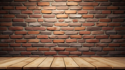Aufkleber - A wooden table features a brown brick wall backdrop suitable for displaying products or creating key visual designs._00001_
