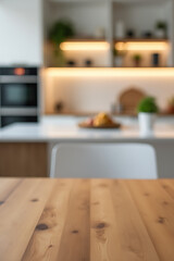 Poster - A wooden table and counter island are featured in a blurry kitchen room setting for product display or design visualization purposes._00003_