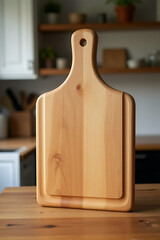 Poster - A wooden chopping board rests against a rustic endgrain wood table or kitchen counter with its background blurred in a PNG image._00001_