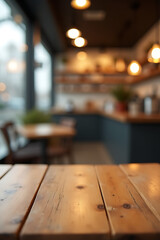 Poster - A wood tabletop in a blur of a coffee shop cafe background is ideal for product display and visual layout._00003_