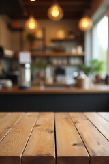 Poster - A wood tabletop in a blur of a coffee shop cafe background is ideal for product display and visual layout._00002_