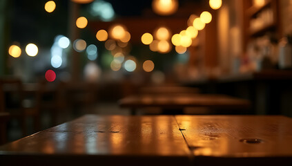 Poster - A wood table with a blurred light bokeh effect in a dark night setting of a restaurant or cafe._00002_