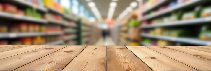 Aufkleber - A wood table top with blurred supermarket products in the background conveys a sense of commerce and domesticity in one image._00002_