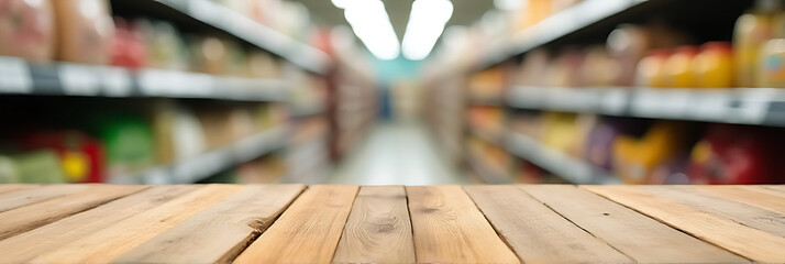 Aufkleber - A wood table top with blurred supermarket products in the background conveys a sense of commerce and domesticity in one image._00001_