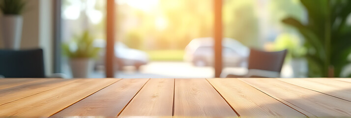 Aufkleber - A wood table top with blurred sunlight coming through a glass window is used as a background for product display and layout._00003_