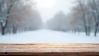 Aufkleber - A wood table top sits on a blurred snowy background, ideal for montages and design visual representations during winter season._00002_
