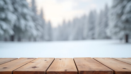 Aufkleber - A wood table top sits on a blurred snowy background, ideal for montages and design visual representations during winter season._00001_