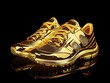 © MdRazib - Golden sneakers black background isolated closeup, gold metal sport shoes, luxury running gumshoes, fashion yellow metallic fitness boots, athletic, football footwear, winner, victory, champion symbol