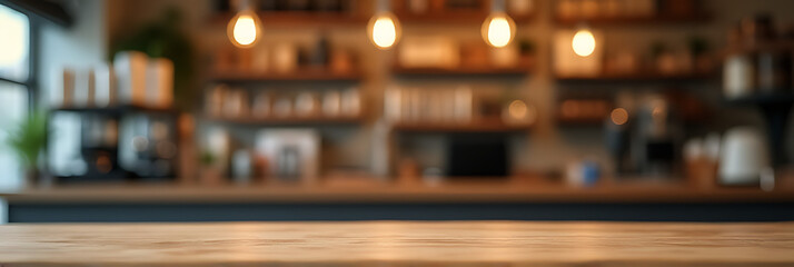 Poster - A wood table top sits atop a blurred counter in a cafe shop with a single light bulb as a background for product display._00001_