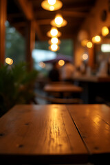 Poster - A wood table top on a blurred cafe background features a warm golden light effect in a dark night setting for key visuals._00002_