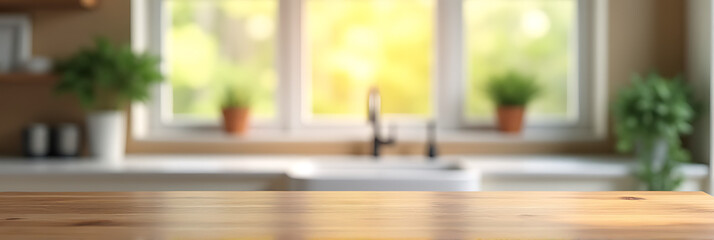Poster - A wood table top island sits in the middle of a blur of a kitchen room interior in the morning light._00003_