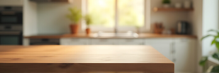 Poster - A wood table top island sits in the middle of a blur of a kitchen room interior in the morning light._00002_